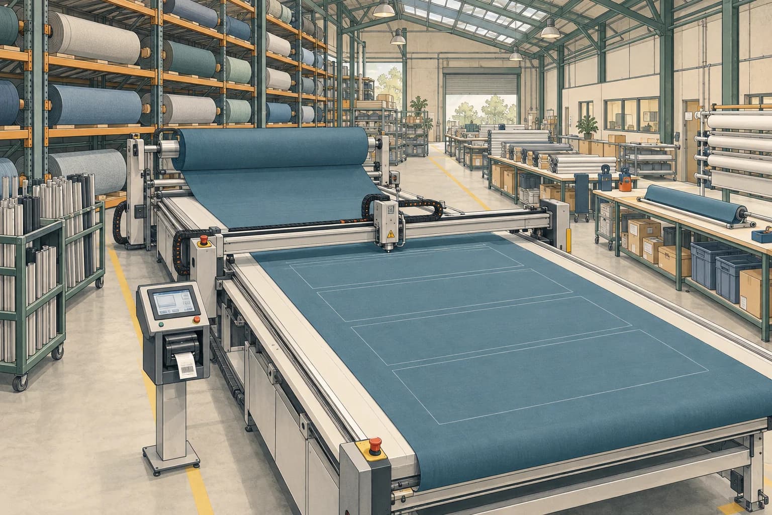 Illustrated blind factory with continuous fabric roll feed, an XY cutting table, label station and component racks